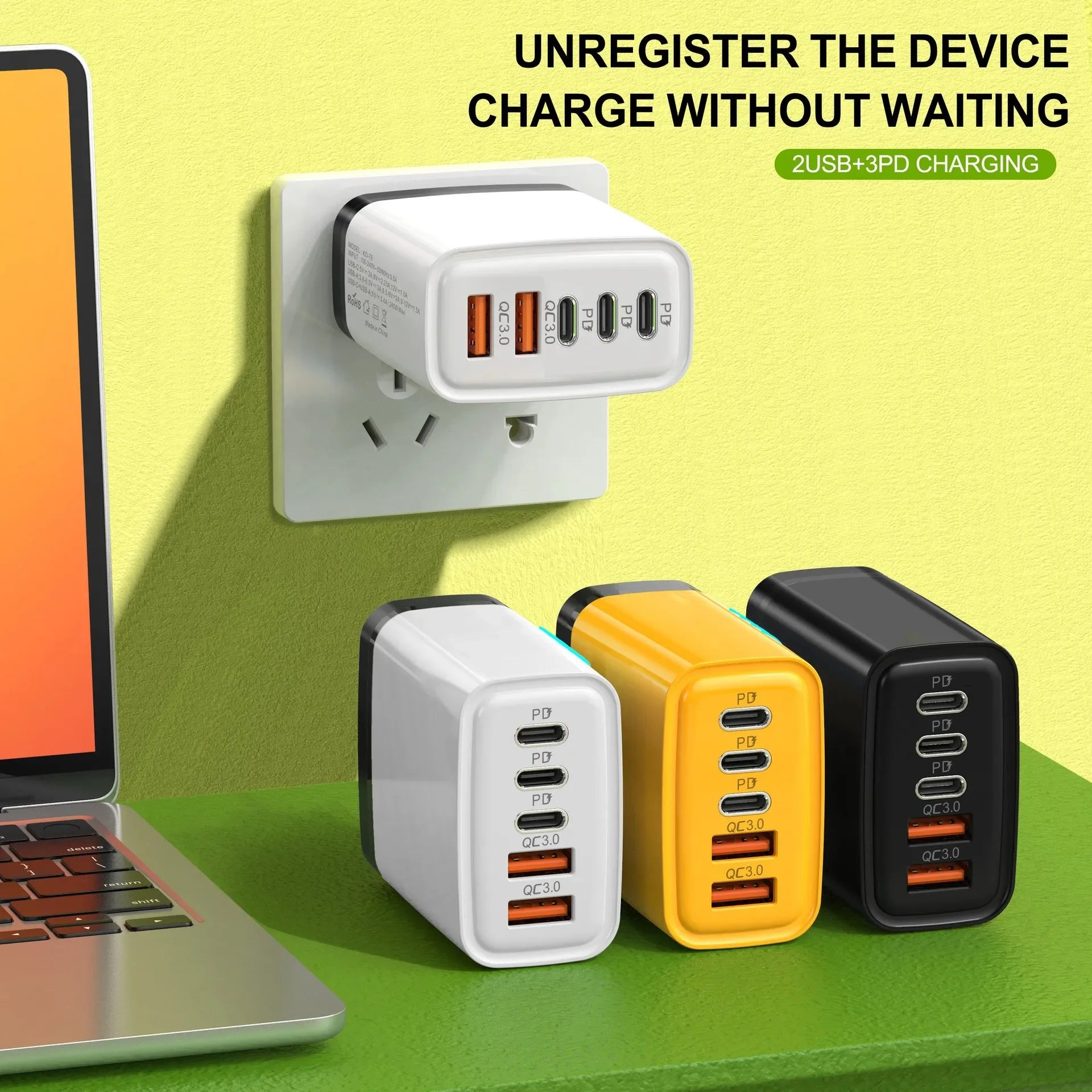 240W GaN Fast Charger With LED Light 5 in 1 Multi Port Phone Charging Head