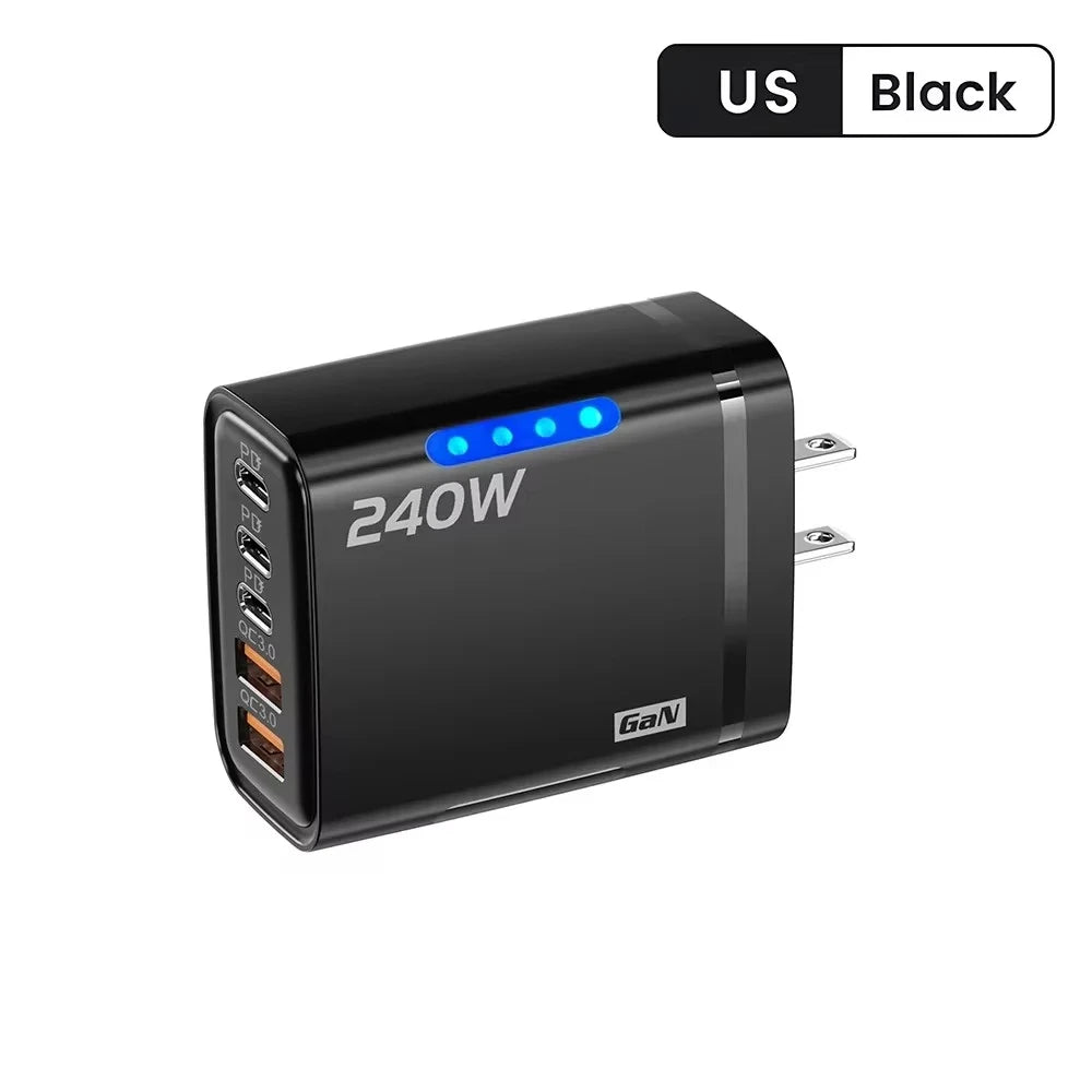 240W GaN Fast Charger With LED Light 5 in 1 Multi Port Phone Charging Head