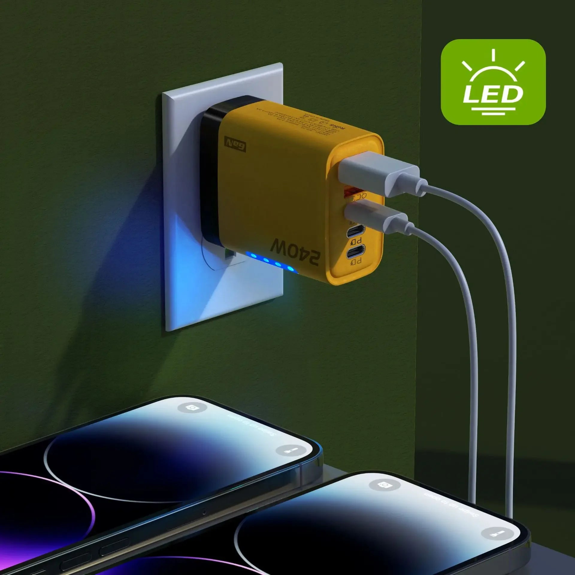 240W GaN Fast Charger With LED Light 5 in 1 Multi Port Phone Charging Head