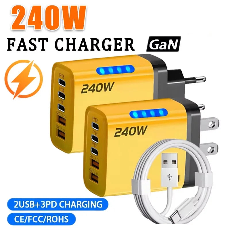 240W GaN Fast Charger With LED Light 5 in 1 Multi Port Phone Charging Head