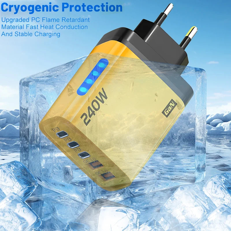 240W GaN Fast Charger With LED Light 5 in 1 Multi Port Phone Charging Head