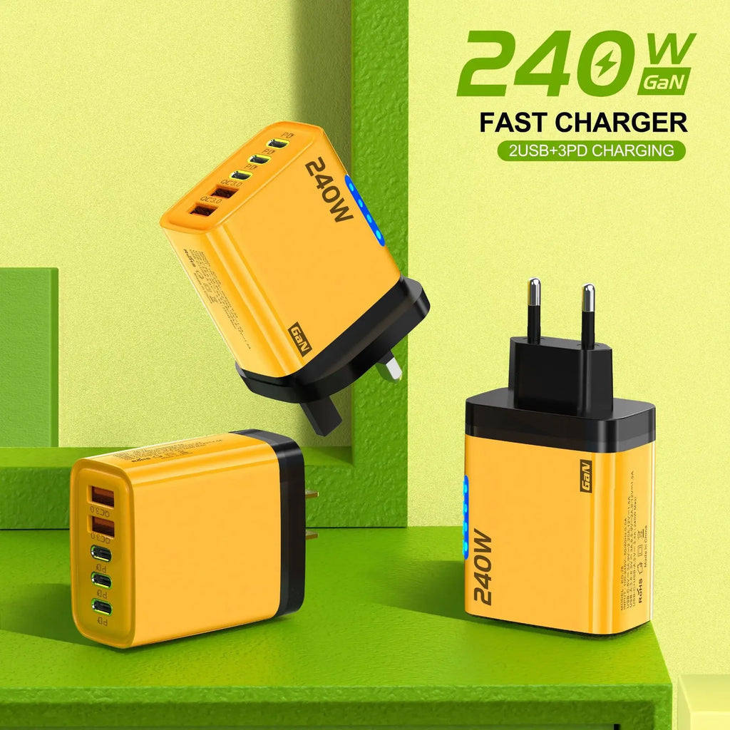 240W GaN Fast Charger With LED Light 5 in 1 Multi Port Phone Charging Head