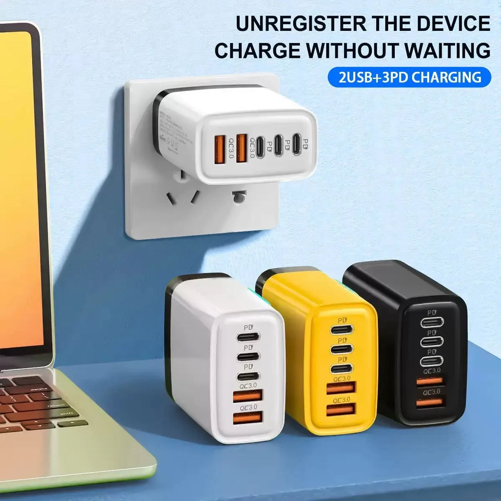 240W GaN Fast Charger With LED Light 5 in 1 Multi Port Phone Charging Head