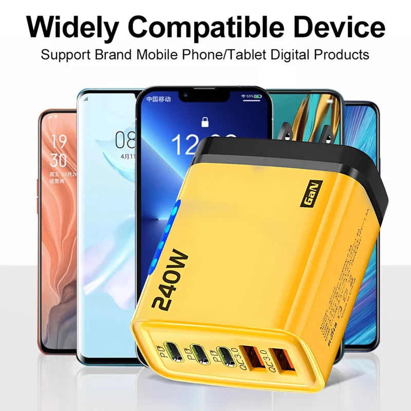 240W GaN Fast Charger With LED Light 5 in 1 Multi Port Phone Charging Head
