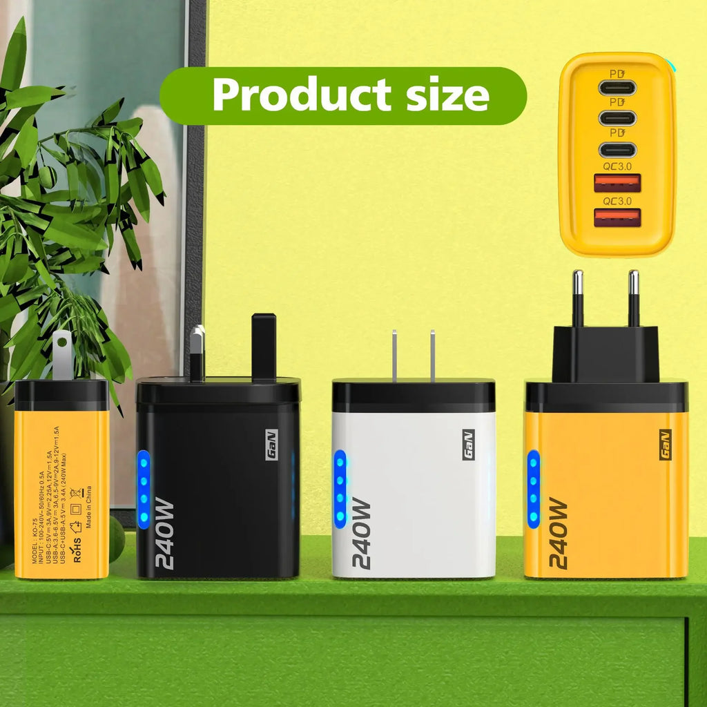 240W GaN Fast Charger With LED Light 5 in 1 Multi Port Phone Charging Head