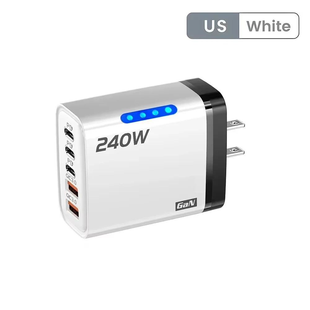 240W GaN Fast Charger With LED Light 5 in 1 Multi Port Phone Charging Head