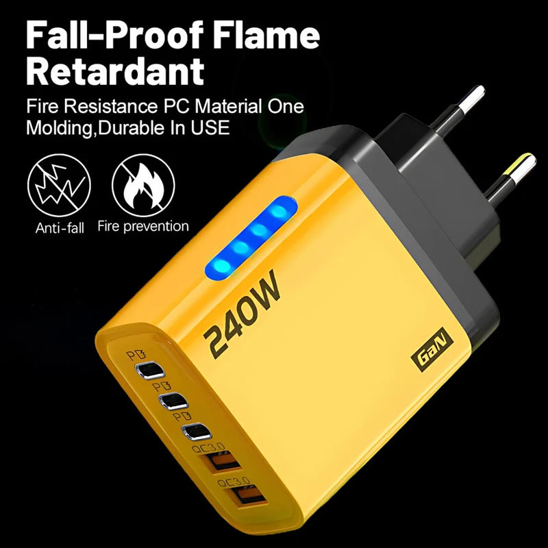 240W GaN Fast Charger With LED Light 5 in 1 Multi Port Phone Charging Head