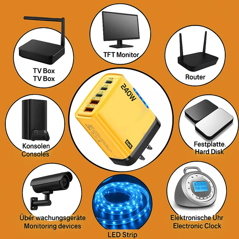 240W GaN Fast Charger With LED Light 5 in 1 Multi Port Phone Charging Head